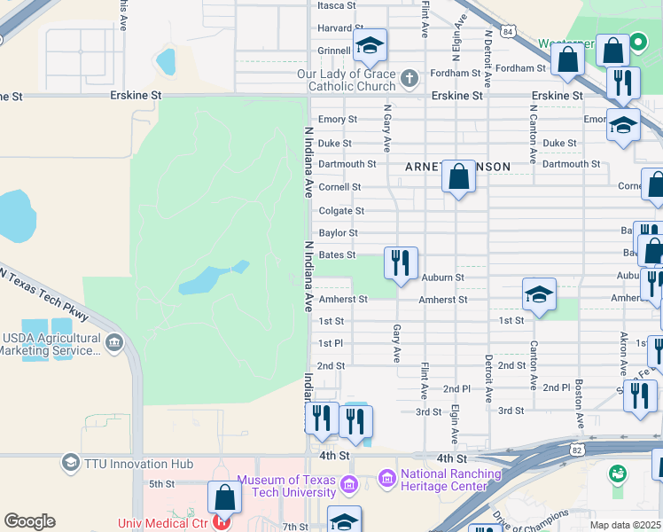 map of restaurants, bars, coffee shops, grocery stores, and more near 3311 Bates Street in Lubbock