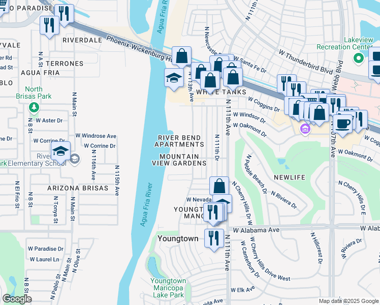 map of restaurants, bars, coffee shops, grocery stores, and more near 12642 North 113th Avenue in Youngtown
