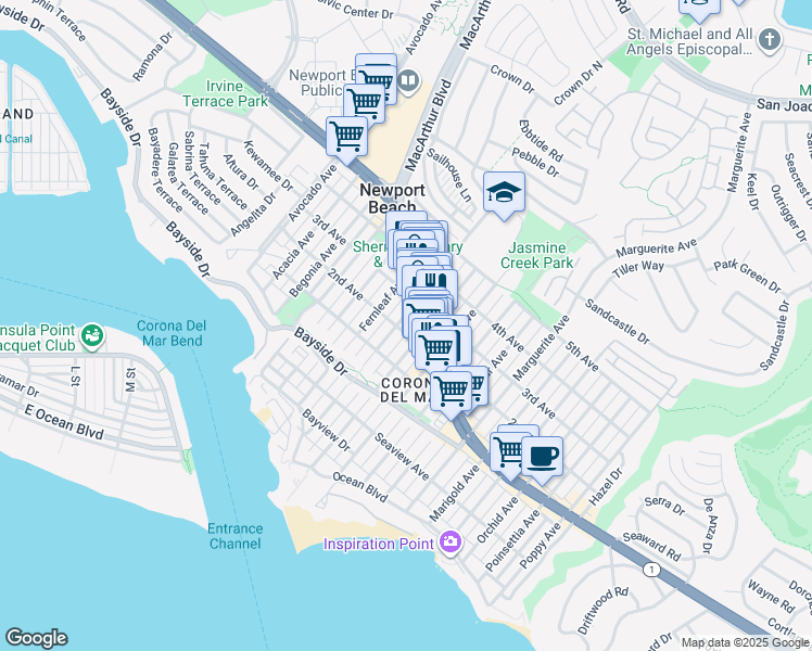 map of restaurants, bars, coffee shops, grocery stores, and more near 512 Goldenrod Avenue in Newport Beach