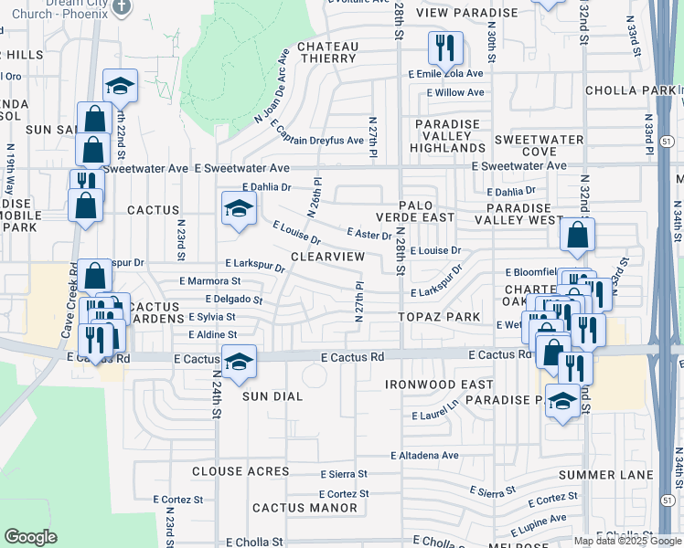 map of restaurants, bars, coffee shops, grocery stores, and more near 2637 East Corrine Drive in Phoenix