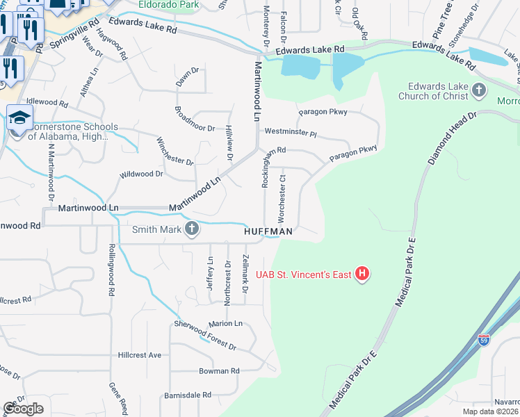 map of restaurants, bars, coffee shops, grocery stores, and more near 1033 Martinwood Lane in Birmingham
