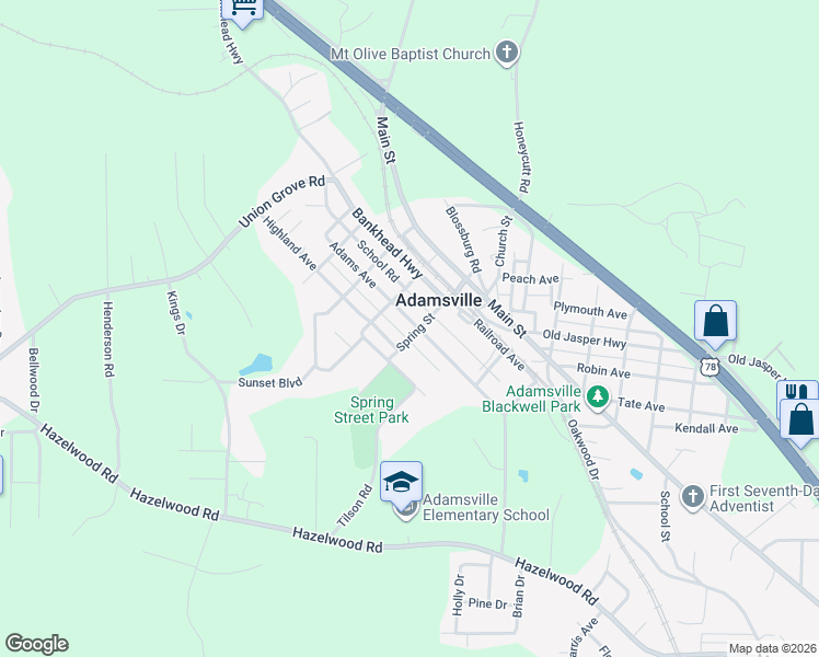 map of restaurants, bars, coffee shops, grocery stores, and more near 208 Spring Street in Adamsville