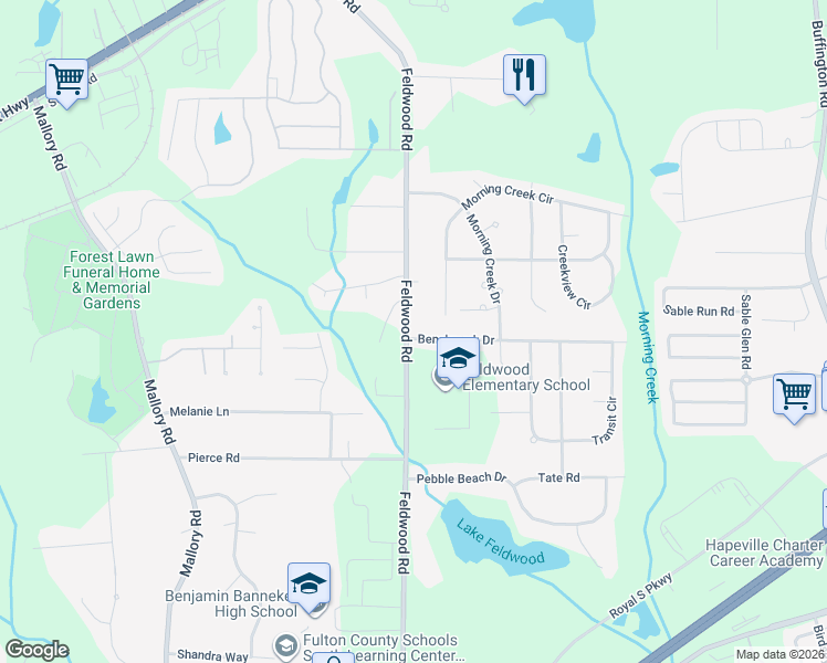 map of restaurants, bars, coffee shops, grocery stores, and more near 3895 Benchmark Drive in College Park