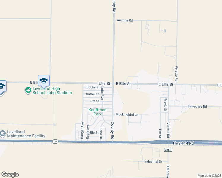 map of restaurants, bars, coffee shops, grocery stores, and more near 102 Bobby Street in Levelland