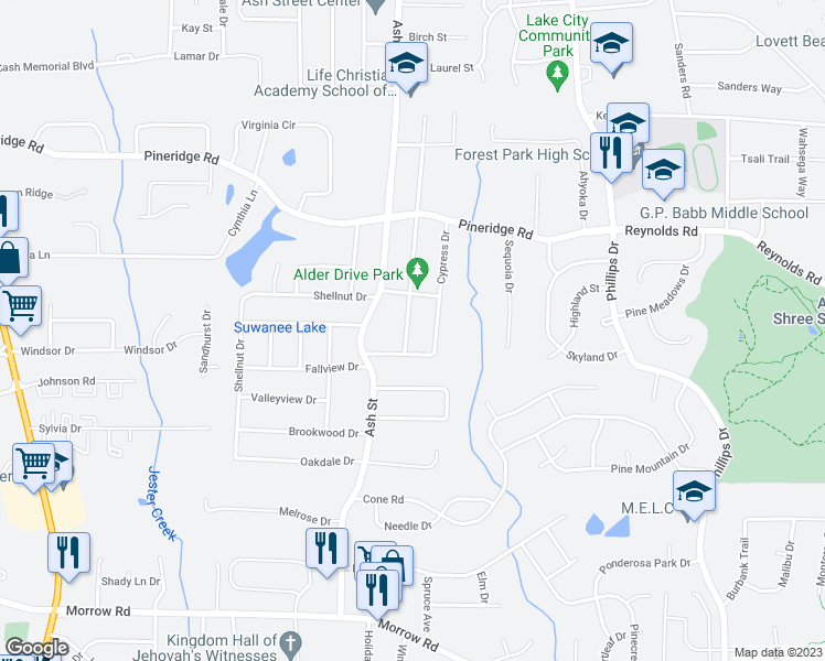 map of restaurants, bars, coffee shops, grocery stores, and more near 5658 Alder Drive in Forest Park
