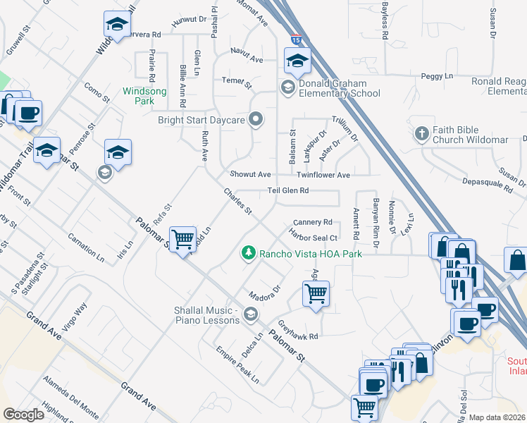map of restaurants, bars, coffee shops, grocery stores, and more near 35893 Fredrick Street in Wildomar