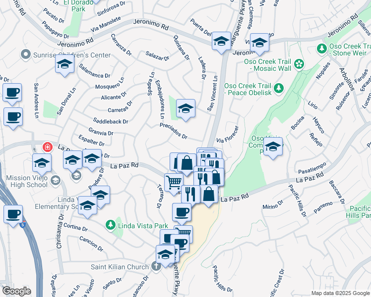 map of restaurants, bars, coffee shops, grocery stores, and more near 26991 Sandalia Circle in Mission Viejo