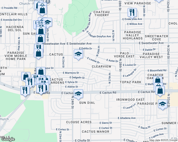 map of restaurants, bars, coffee shops, grocery stores, and more near 2517 East Larkspur Drive in Phoenix