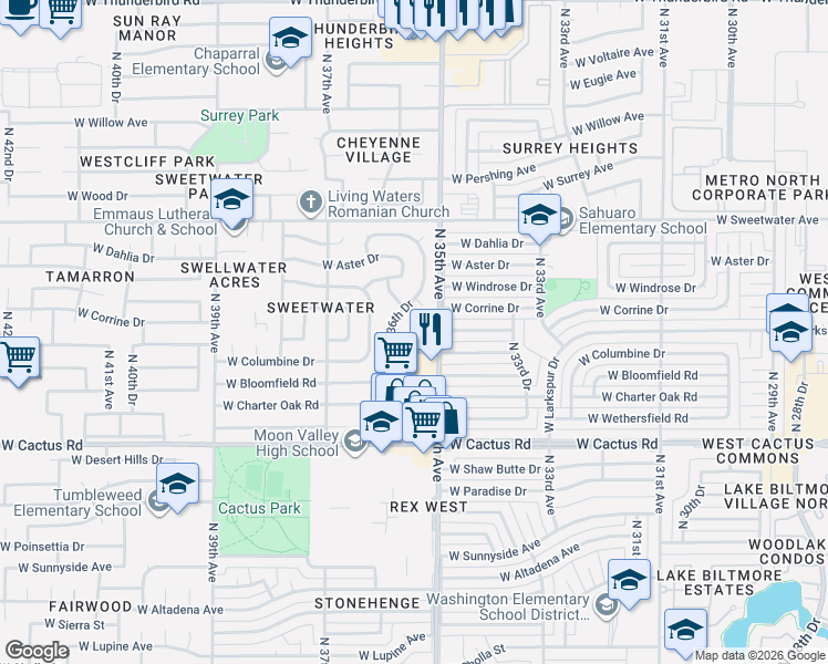 map of restaurants, bars, coffee shops, grocery stores, and more near 12445 North 36th Drive in Phoenix