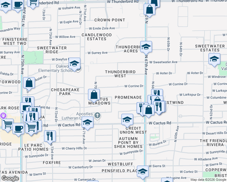 map of restaurants, bars, coffee shops, grocery stores, and more near 6905 West Corrine Drive in Peoria