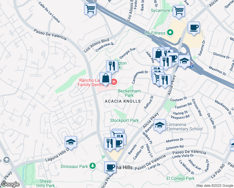 map of restaurants, bars, coffee shops, grocery stores, and more near in Laguna Hills