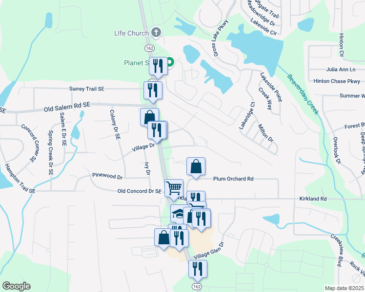 map of restaurants, bars, coffee shops, grocery stores, and more near 208 Salem Glen Way in Conyers