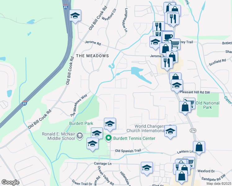 map of restaurants, bars, coffee shops, grocery stores, and more near 5709 Old Carriage Drive in College Park