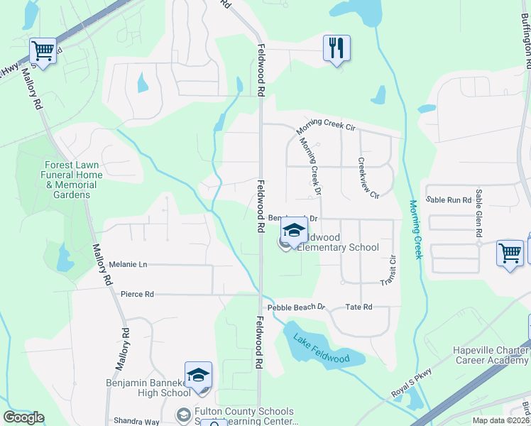 map of restaurants, bars, coffee shops, grocery stores, and more near 3895 Benchmark Drive in College Park