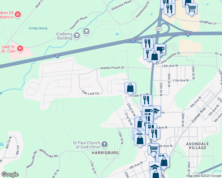 map of restaurants, bars, coffee shops, grocery stores, and more near 900 Brookhill Circle in Pell City