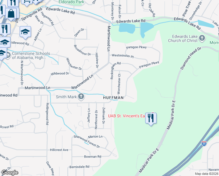 map of restaurants, bars, coffee shops, grocery stores, and more near 1033 Martinwood Lane in Birmingham