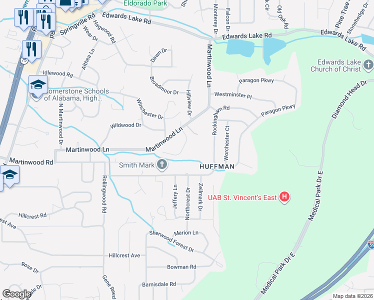 map of restaurants, bars, coffee shops, grocery stores, and more near 1045 Brookstone Lane in Birmingham