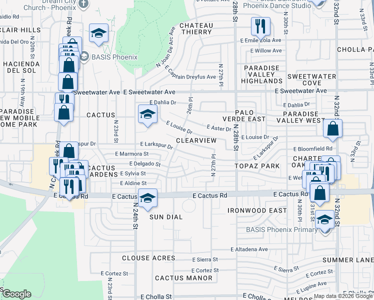 map of restaurants, bars, coffee shops, grocery stores, and more near 2602 East Larkspur Drive in Phoenix