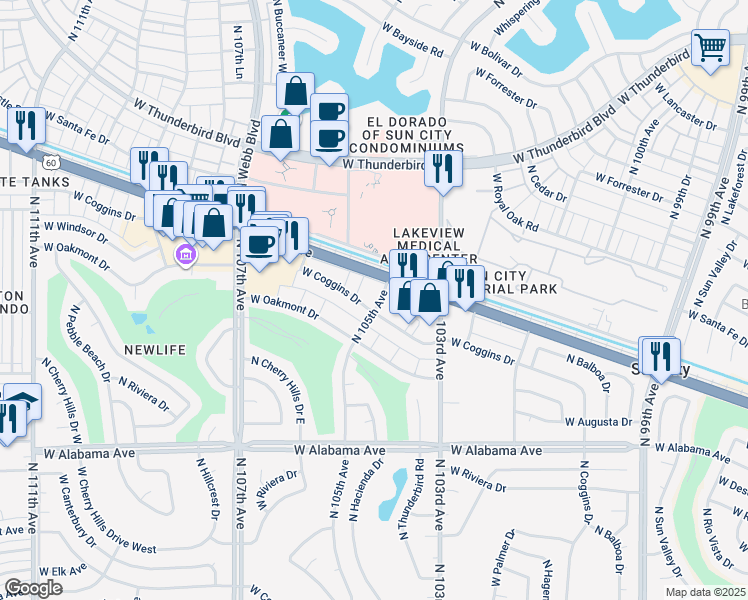 map of restaurants, bars, coffee shops, grocery stores, and more near 12626 North 105th Avenue in Sun City
