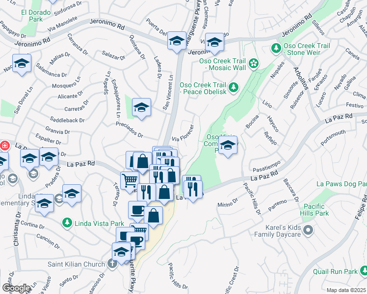 map of restaurants, bars, coffee shops, grocery stores, and more near 24981 Via Marfil in Mission Viejo