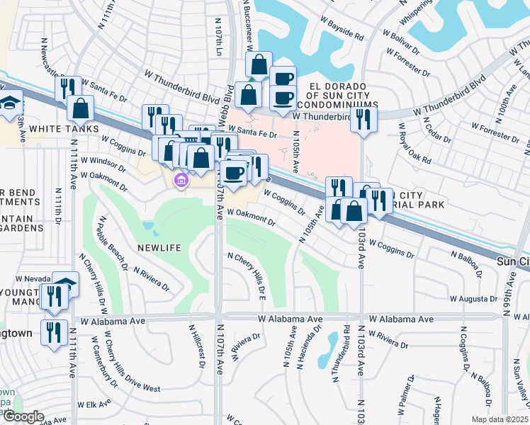 map of restaurants, bars, coffee shops, grocery stores, and more near 10582 West Oakmont Drive in Sun City