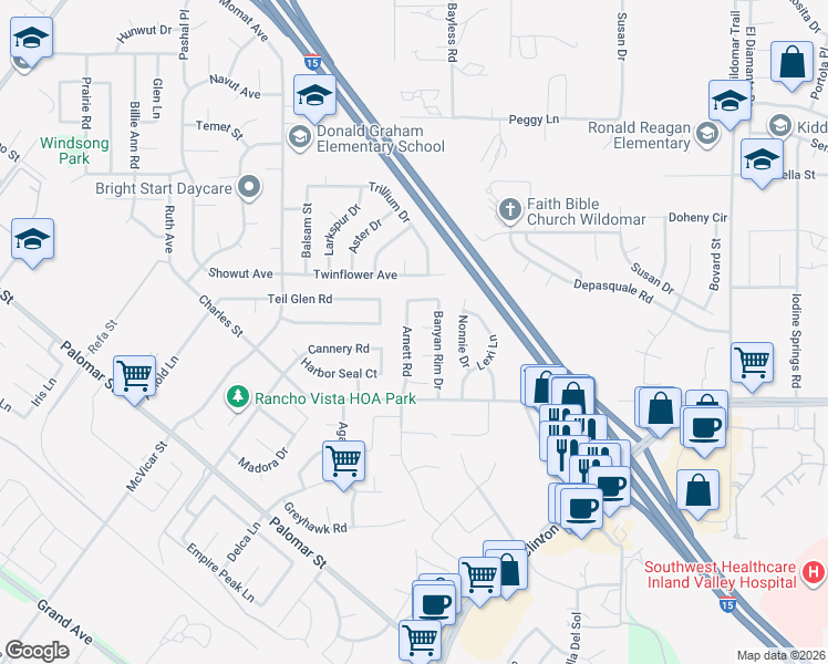 map of restaurants, bars, coffee shops, grocery stores, and more near 23267 Wild Horse Court in Wildomar