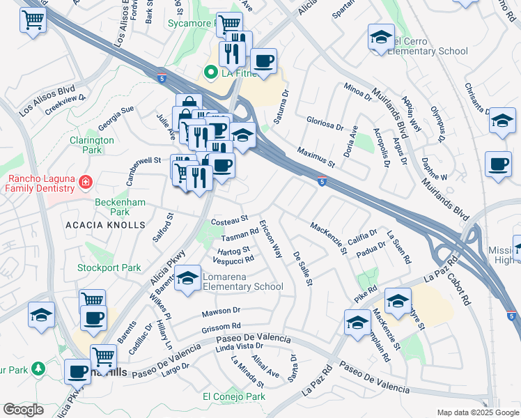 map of restaurants, bars, coffee shops, grocery stores, and more near 25301 Costeau Street in Laguna Hills