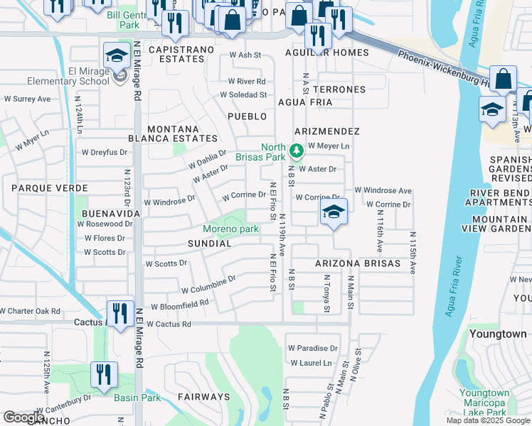 map of restaurants, bars, coffee shops, grocery stores, and more near 11919 West Rosewood Drive in El Mirage