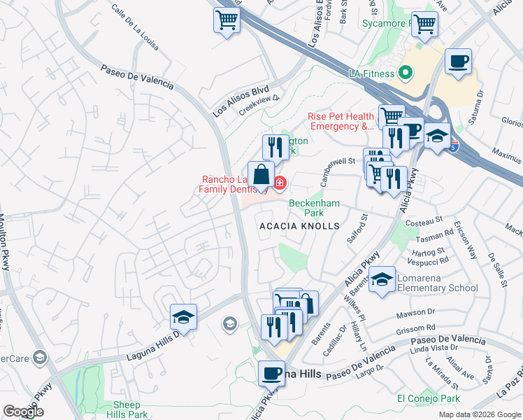 map of restaurants, bars, coffee shops, grocery stores, and more near 25065 Sunset Place in Laguna Hills