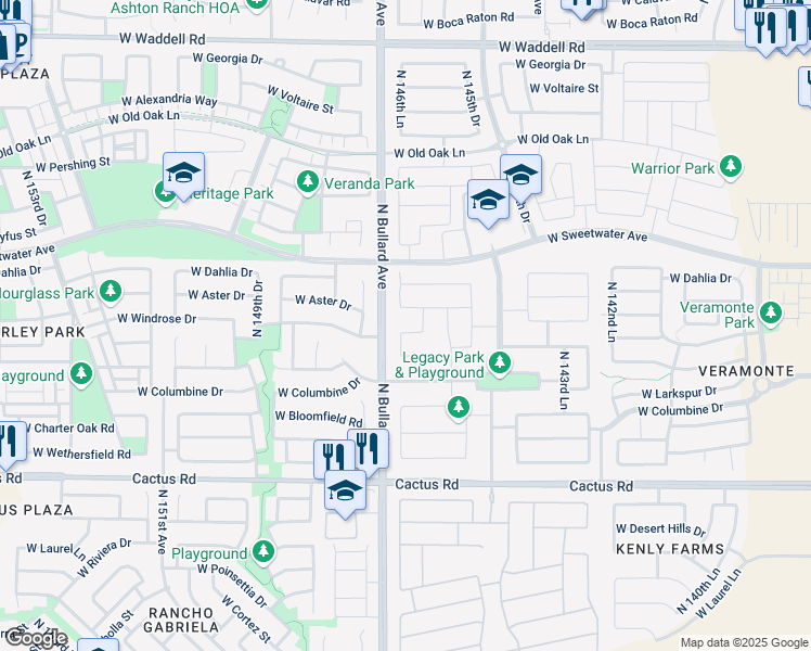 map of restaurants, bars, coffee shops, grocery stores, and more near 14678 West Windrose Drive in Surprise