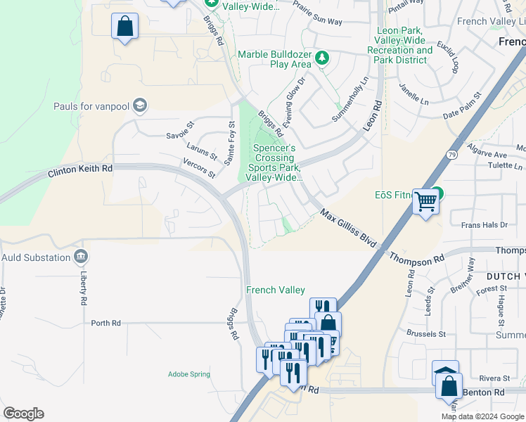 map of restaurants, bars, coffee shops, grocery stores, and more near 30587 Red Fox Court in Murrieta
