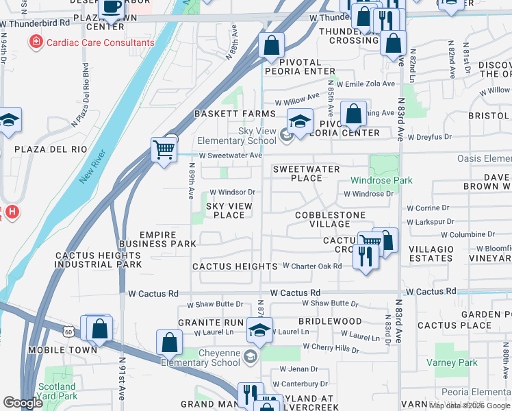 map of restaurants, bars, coffee shops, grocery stores, and more near 12743 North 87th Drive in Peoria