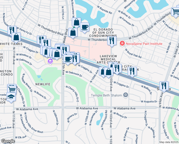 map of restaurants, bars, coffee shops, grocery stores, and more near 339 West Coggins Drive in Sun City