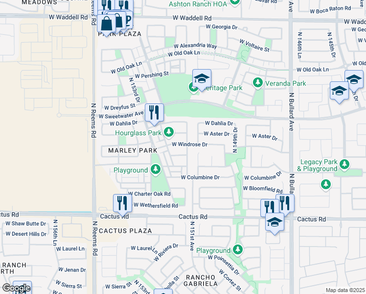 map of restaurants, bars, coffee shops, grocery stores, and more near 15123 West Windrose Drive in Surprise