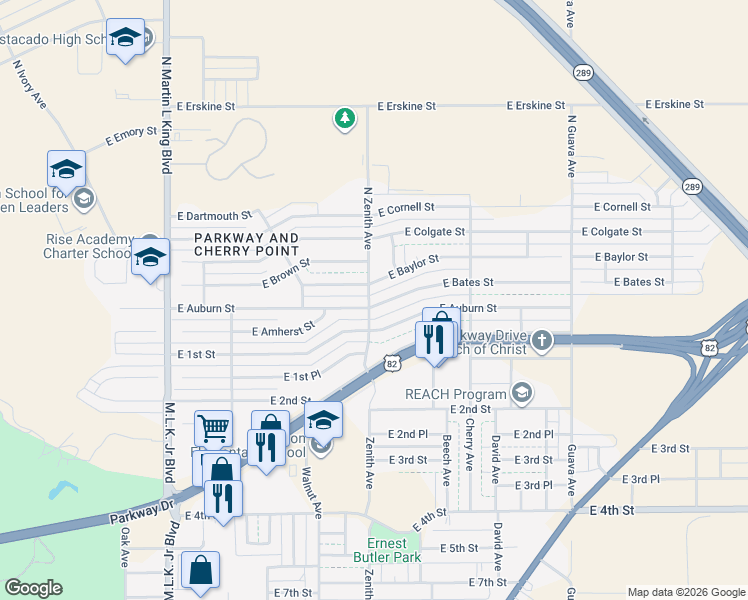 map of restaurants, bars, coffee shops, grocery stores, and more near 2601 East Bates Street in Lubbock