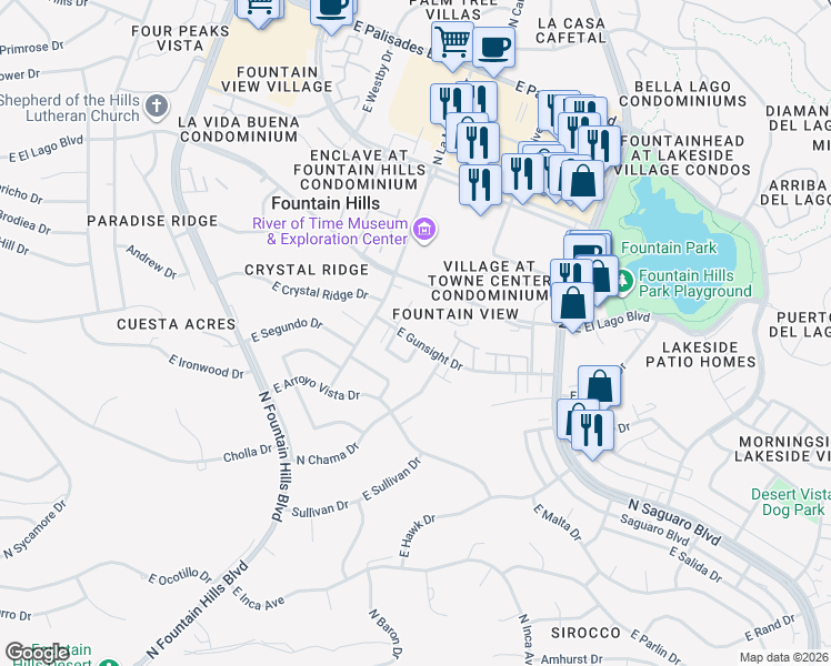 map of restaurants, bars, coffee shops, grocery stores, and more near 16632 East Gunsight Drive in Fountain Hills
