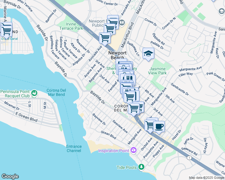 map of restaurants, bars, coffee shops, grocery stores, and more near 432 1/2 Fernleaf Avenue in Newport Beach
