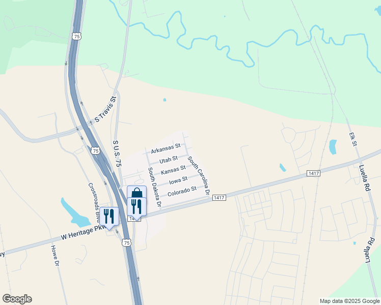 map of restaurants, bars, coffee shops, grocery stores, and more near 3205 South Carolina Drive in Sherman