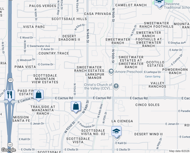 map of restaurants, bars, coffee shops, grocery stores, and more near 9438 East Bloomfield Road in Scottsdale