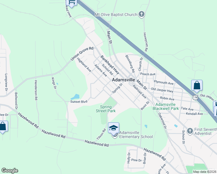 map of restaurants, bars, coffee shops, grocery stores, and more near 5020 Highland Avenue in Adamsville
