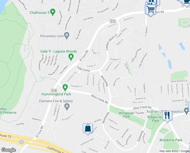 map of restaurants, bars, coffee shops, grocery stores, and more near 10 Chickadee Lane in Aliso Viejo