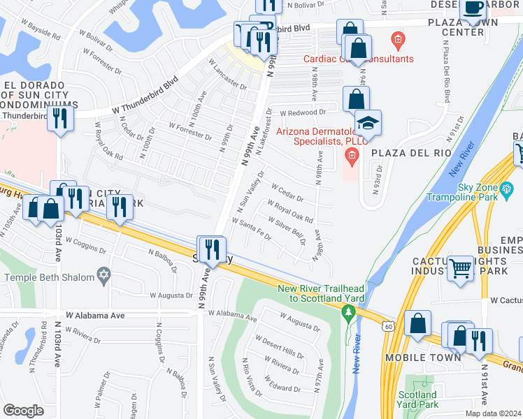 map of restaurants, bars, coffee shops, grocery stores, and more near 9858 West Silver Bell Drive in Sun City