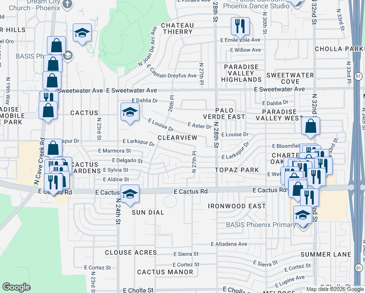 map of restaurants, bars, coffee shops, grocery stores, and more near 2637 East Corrine Drive in Phoenix