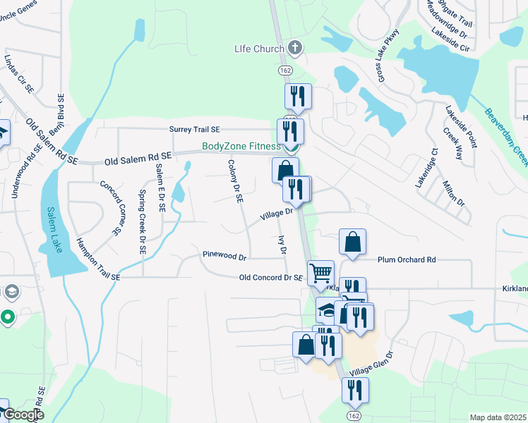 map of restaurants, bars, coffee shops, grocery stores, and more near 2250 Village Drive in Covington