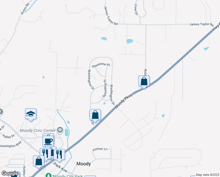 map of restaurants, bars, coffee shops, grocery stores, and more near 1067 Washington Drive in Moody