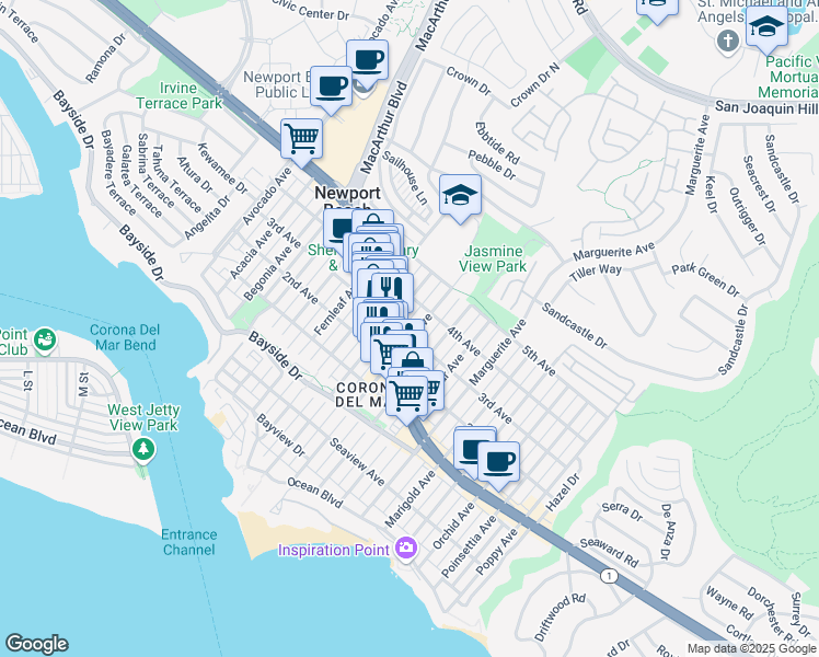 map of restaurants, bars, coffee shops, grocery stores, and more near Breakers Drive in Newport Beach