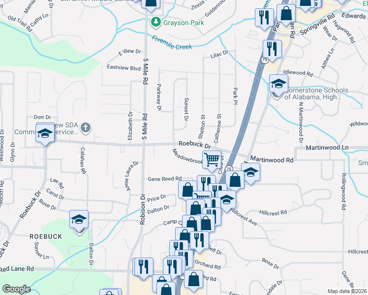 map of restaurants, bars, coffee shops, grocery stores, and more near 431 Roebuck Drive in Birmingham