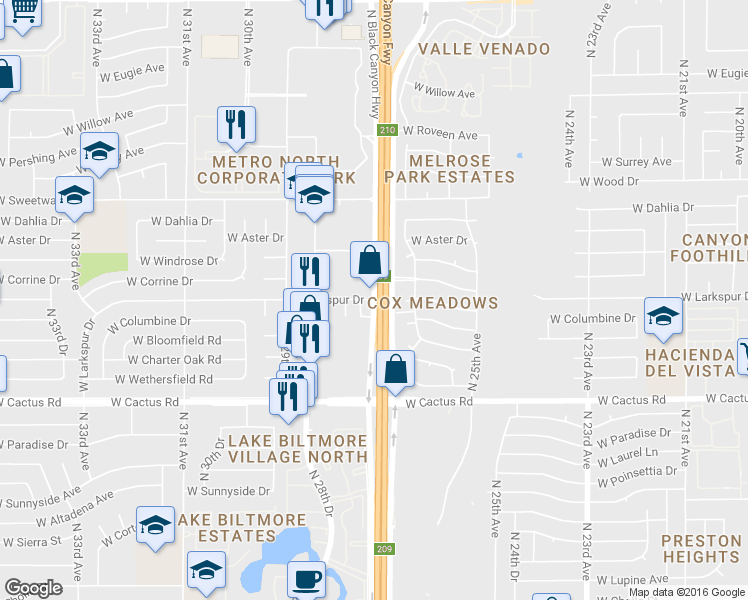 map of restaurants, bars, coffee shops, grocery stores, and more near 12598 North Black Canyon Highway in Phoenix