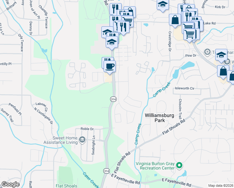 map of restaurants, bars, coffee shops, grocery stores, and more near 5689 Grande River Road in Atlanta