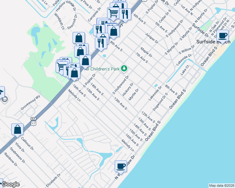 map of restaurants, bars, coffee shops, grocery stores, and more near 1028 Hickory Drive in Surfside Beach